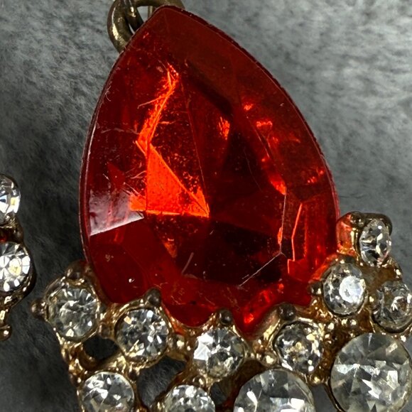 Vintage Gold-Tone Drop Pierced Earrings Red Teardrop Faux Gemstone Rhinestones - Picture 6 of 16